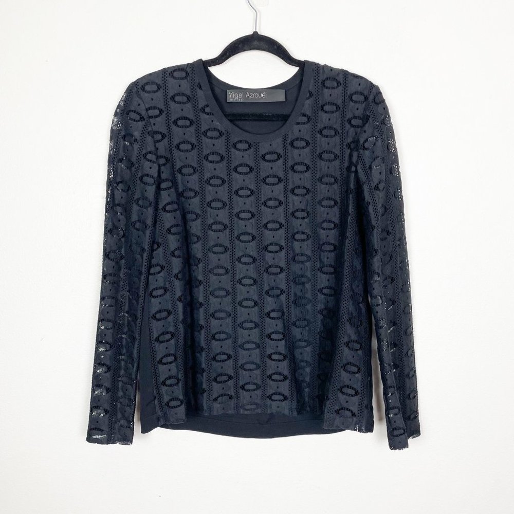 Yigal Azrouel Woman's 8 Black Sheer Knitted Front Long‎ Sleeve Blouse Top